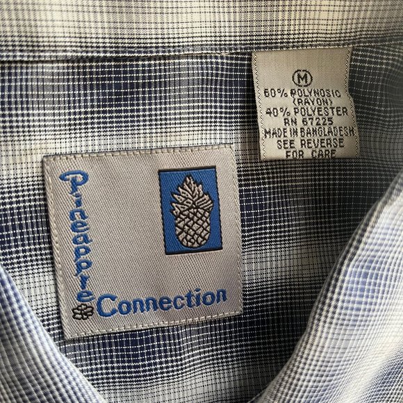 Vintage‎ Men’s Pineapple Connection Medium Hawaiian Shirt Blue Plaid Rayon Blend - Picture 3 of 7